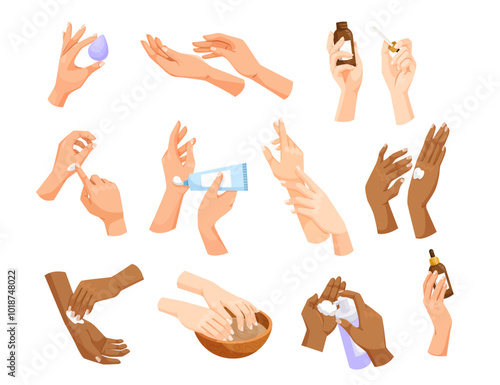 Illustration of various hands using skincare products, including lotion, cream, and droplets, on a white background. Concept of healthcare. Vector illustration