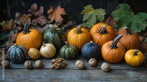 Capture autumn s harvest bounty with a captivating high angle photo of various pumpkins and nuts on a rustic wooden background perfect for text or advertising photo