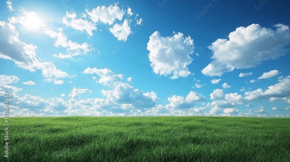 A vast expanse of green grass stretches out under a clear blue sky with puffy white clouds. The sun shines brightly, casting a warm glow on the scene. A vast expanse of green grass stretches out under a clear blue sky with puffy white clouds. The sun shines brightly, casting a warm glow on the scene.