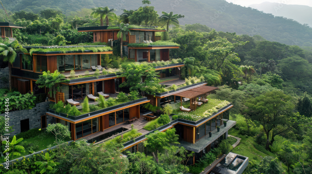A green eco-tourism destination, where renewable energy powers the resort and visitors engage in eco-conscious activities A green eco-tourism destination, where renewable energy powers the resort and visitors engage in eco-conscious activities