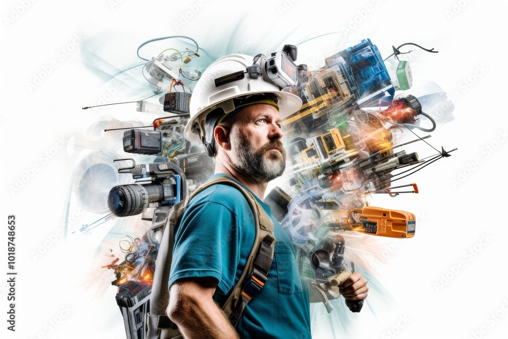 The Power of Tools: A determined construction worker stands confidently, surrounded by a whirlwind of tools, symbolizing the strength and innovation of the trades. The Power of Tools: A determined construction worker stands confidently, surrounded by a whirlwind of tools, symbolizing the strength and innovation of the trades.