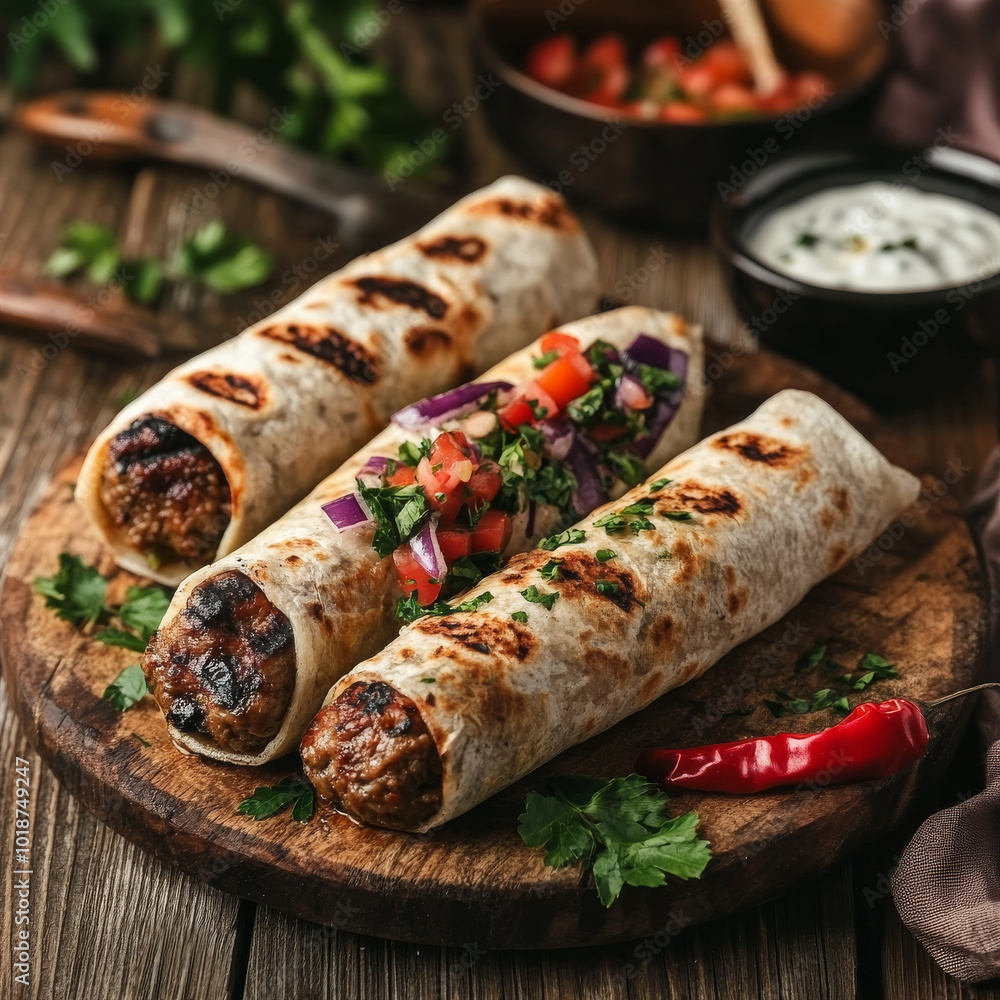 Delicious kebab rolls served on wooden board, featuring grilled meat wrapped in soft flatbread, topped with fresh salsa and herbs. Perfect for sharing and enjoying! Delicious kebab rolls served on wooden board, featuring grilled meat wrapped in soft flatbread, topped with fresh salsa and herbs. Perfect for sharing and enjoying!