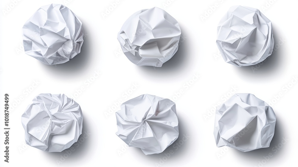 Naklejka premium Collection of wrinkled paper balls, isolated on white, realistic shadows and folds, great for environmental awareness campaigns or recycling design projects