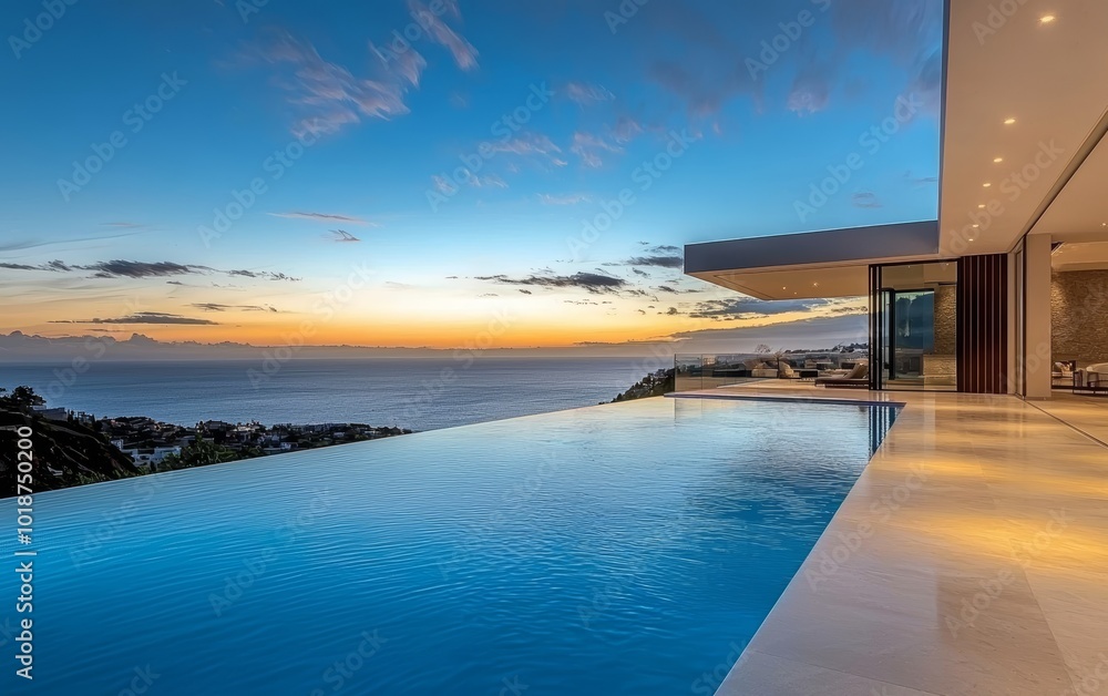 Fototapeta premium Contemporary coastal villa with an infinity pool blending into the horizon, ideal for showcasing luxury homes, oceanfront properties, or exclusive vacation rentals