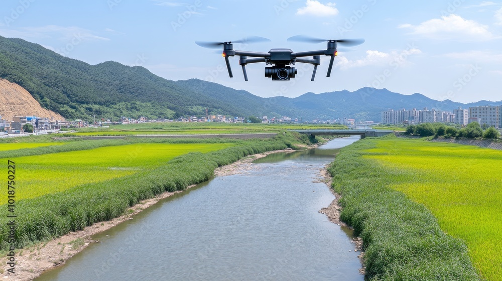 Aerial view of lush wetlands and rivers in sunny South Korea captured by a drone amidst verdant meadows and mountains Aerial view of lush wetlands and rivers in sunny South Korea captured by a drone amidst verdant meadows and mountains