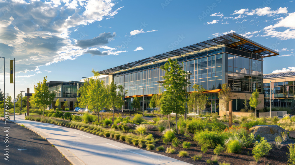 A high-tech business park utilizing renewable resources, featuring electric vehicle charging stations, solar rooftops, and energy-efficient architecture. Sleek and innovative. A high-tech business park utilizing renewable resources, featuring electric vehicle charging stations, solar rooftops, and energy-efficient architecture. Sleek and innovative.