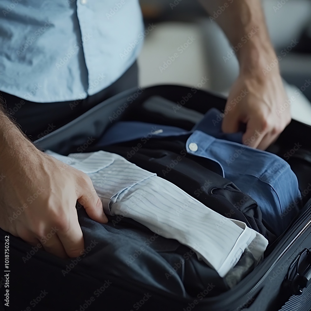 A person packing a suitcase with neatly folded clothes for travel. A person packing a suitcase with neatly folded clothes for travel.