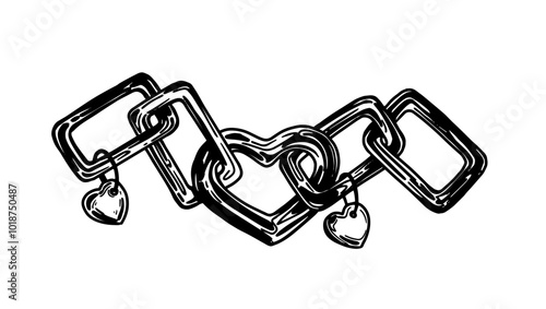 Metal chain with heart pendant, monochrome illustration, tattoo design, hand drawn vector, isolated