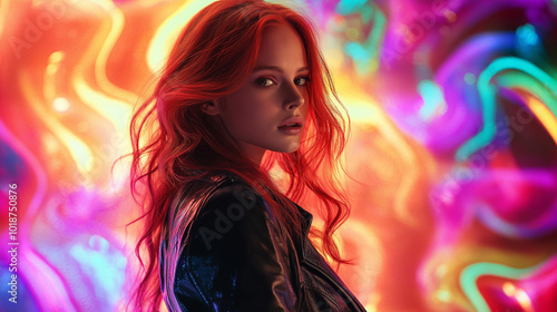 Young woman with vibrant red hair poses against a colorful abstract background, enhancing her striking features during a photoshoot