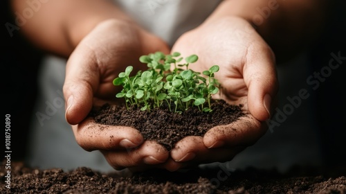 A set of hands holds fresh green seedlings, symbolizing growth and care. The focus is on the vibrant green sprouts against rich, dark soil. photo