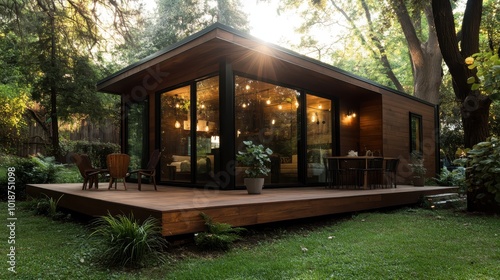 An elegant eco-friendly small cabin featuring a stylish wooden terrace, blending seamlessly into the verdant surroundings, perfect for tranquil living ideals. photo