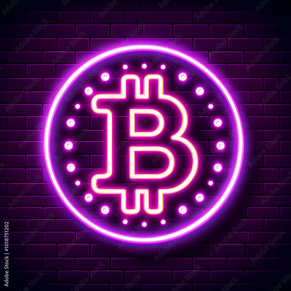 Vibrant Neon Bitcoin Sign Bright Purple and Pink Glow Illuminating a Dark Brick Wall – Modern Cryptocurrency Symbol in a Moody, Digital Atmosphere for a Bold and Futuristic Look Vibrant Neon Bitcoin Sign Bright Purple and Pink Glow Illuminating a Dark Brick Wall – Modern Cryptocurrency Symbol in a Moody, Digital Atmosphere for a Bold and Futuristic Look