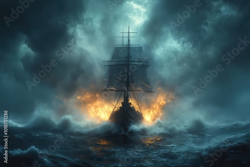 majestic sailing ship battling tempestuous ocean at night dramatic lighting towering waves billowing sails against stormy sky