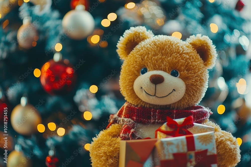 Christmas tree toy sings near a large Christmas tree. New Year and Christmas songs. Family celebration. Present. with generative ai Christmas tree toy sings near a large Christmas tree. New Year and Christmas songs. Family celebration. Present. with generative ai