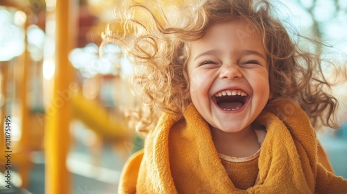 Cheerful girl with curly hair laughing exuberantly, wrapped in a cozy scarf, surrounded by warm colors, radiating joy and happiness in a playful atmosphere. photo