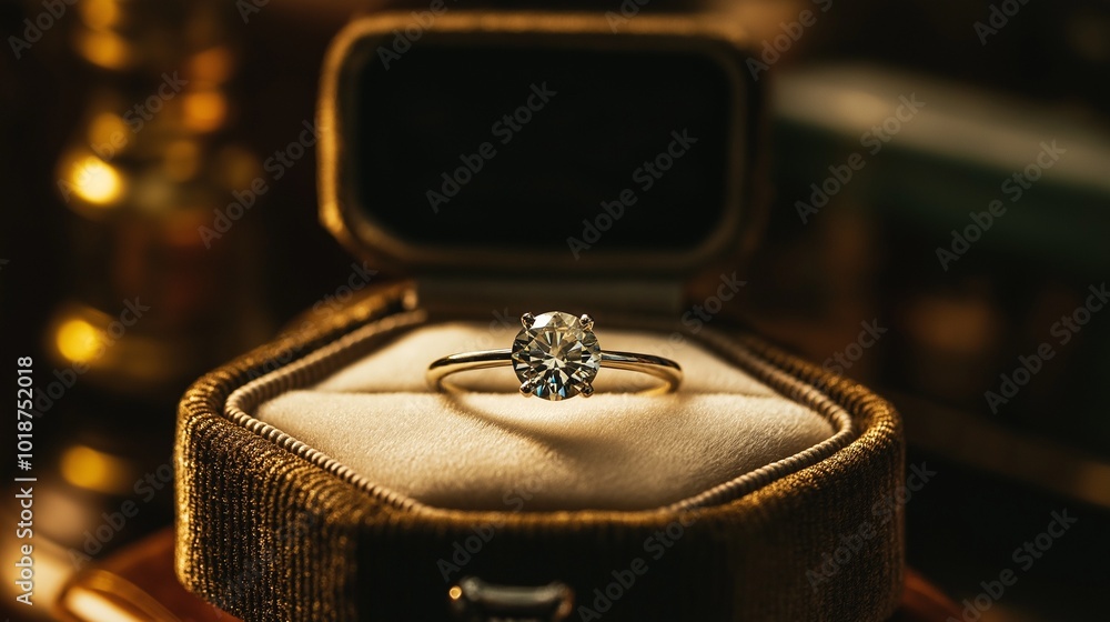sparkling diamond ring nestled in a velvet box in a dimly lit jewelry shop sparkling diamond ring nestled in a velvet box in a dimly lit jewelry shop