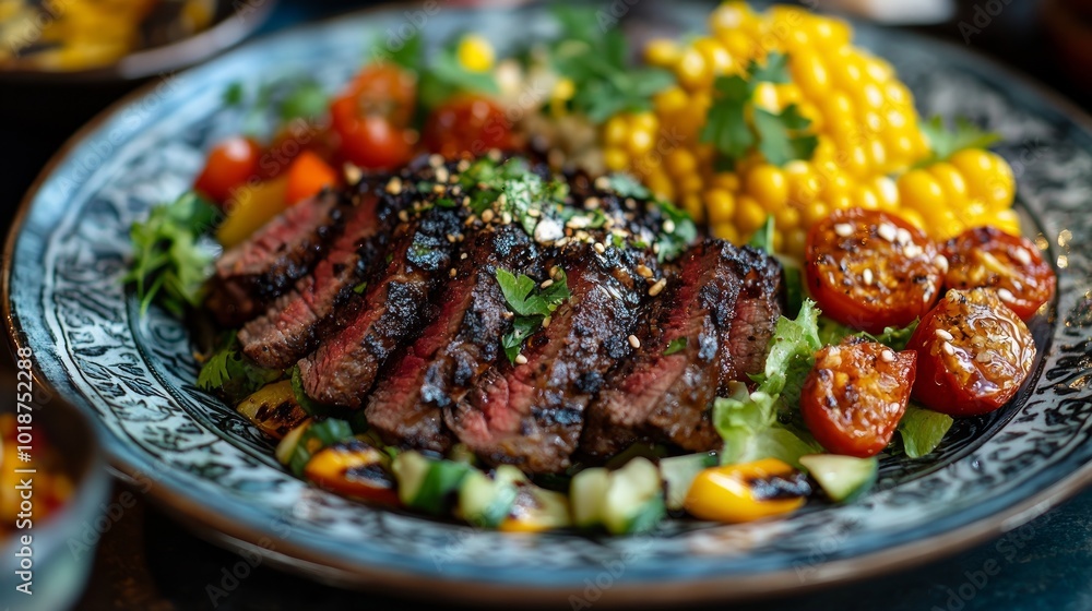 Grilled steak with corn, tomatoes, and lettuce on a blue and white patterned plate. Grilled steak with corn, tomatoes, and lettuce on a blue and white patterned plate.