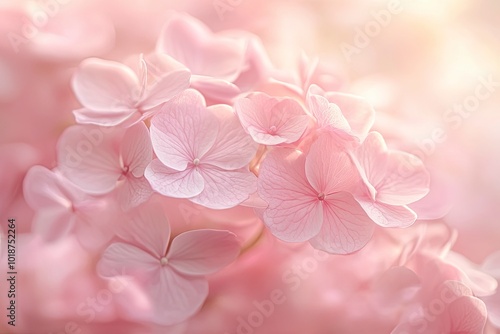 Close up light pink hortensia fresh flowers blur background. with generative ai