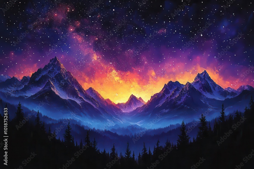 majestic silhouette of a mountain range under a captivating starry sky with twinkling stars and the milky way painting the night in shimmering hues of indigo and violet majestic silhouette of a mountain range under a captivating starry sky with twinkling stars and the milky way painting the night in shimmering hues of indigo and violet
