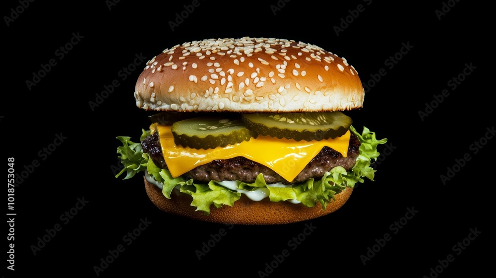 Delicious cheeseburger with crisp lettuce, tomato, and pickles, sesame seed bun, and melted cheddar, isolated on dark background, ideal for burger restaurants or food delivery visuals Delicious cheeseburger with crisp lettuce, tomato, and pickles, sesame seed bun, and melted cheddar, isolated on dark background, ideal for burger restaurants or food delivery visuals