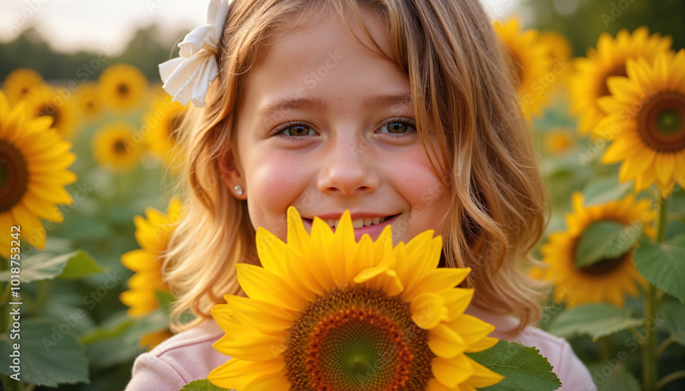 Smiling little girl holding sunflower, bright and warm colors, cheerful atmosphere in field Smiling little girl holding sunflower, bright and warm colors, cheerful atmosphere in field