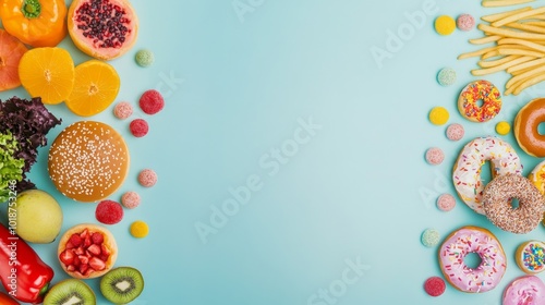 Healthy and unhealthy food choices on a blue background with copy space in the center.