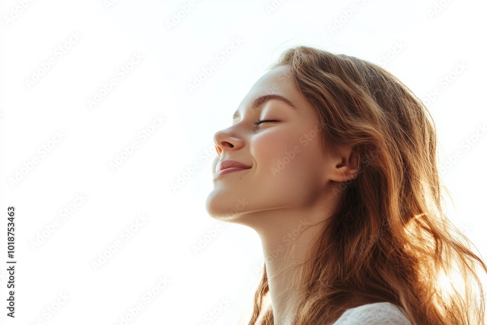 Craft a scene of pure joy with a woman enjoying music, her smile reflecting the bliss of the moment Showcase her side profile on a clean white canvas, evoking serenity. Craft a scene of pure joy with a woman enjoying music, her smile reflecting the bliss of the moment Showcase her side profile on a clean white canvas, evoking serenity.