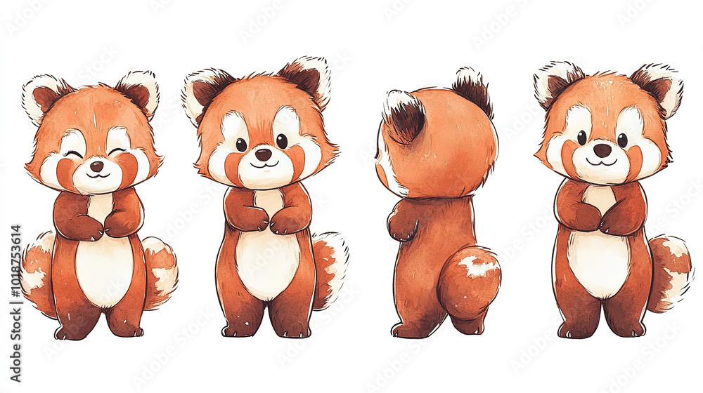 Fototapeta premium set of Cute cartoon red panda illustrations in watercolor chibi style, children's illustration style. isolated transparent background, christmas outfit
