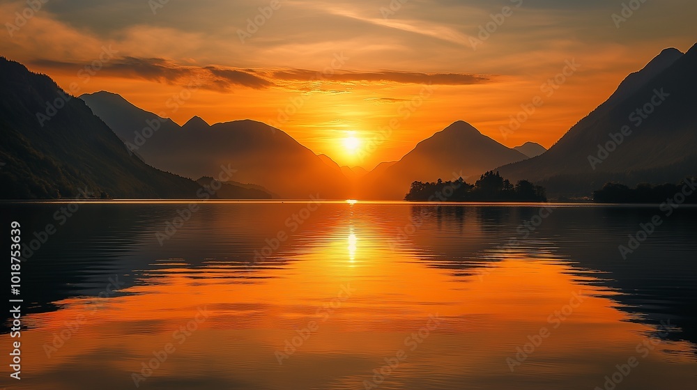 Fototapeta premium sunset reflecting off the surface of a calm lake surrounded by mountains
