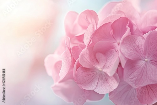 Close up light pink hortensia fresh flowers blur background. with generative ai