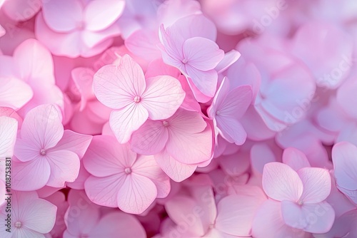 Close up light pink hortensia fresh flowers blur background. with generative ai