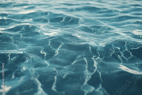 Craft a visually stunning close-up image of a crystal-clear blue ocean showcasing subtle ripples and reflections, portraying a sense of calm and serenity using CG 3D techniques.