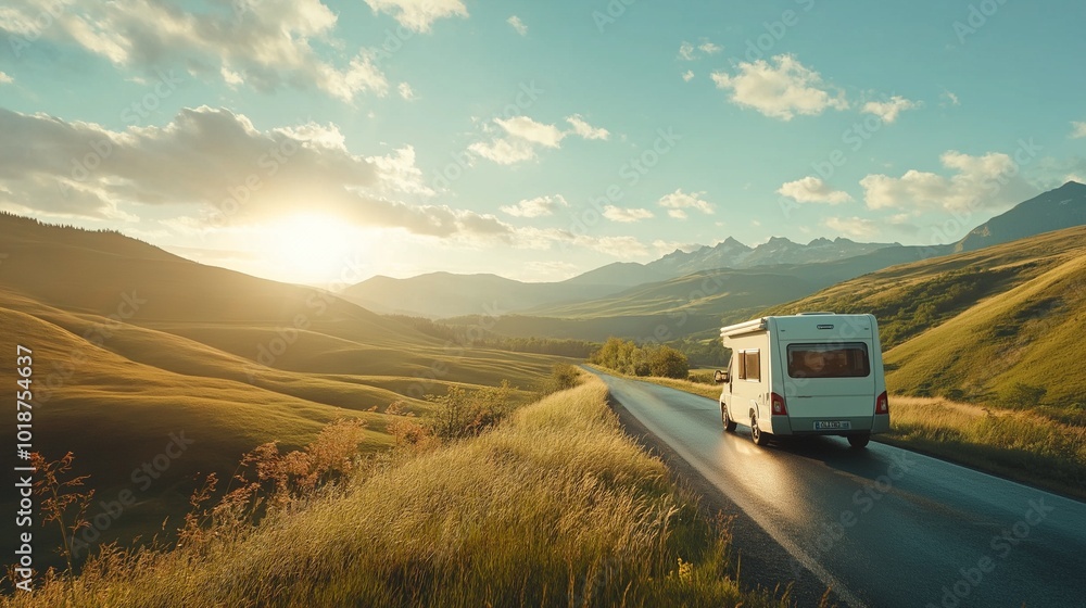 camping car driving through a beautiful landscape a sunny morning camping car driving through a beautiful landscape a sunny morning