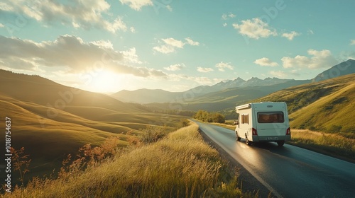 camping car driving through a beautiful landscape a sunny morning