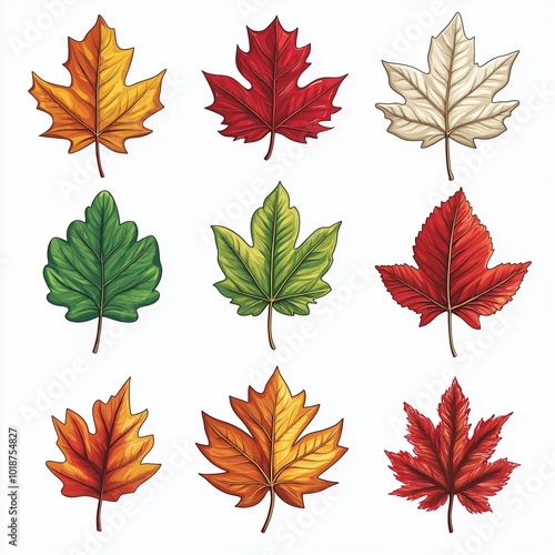 autumn leaves set on white background