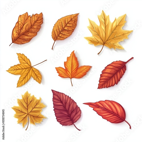 autumn leaves set on white background