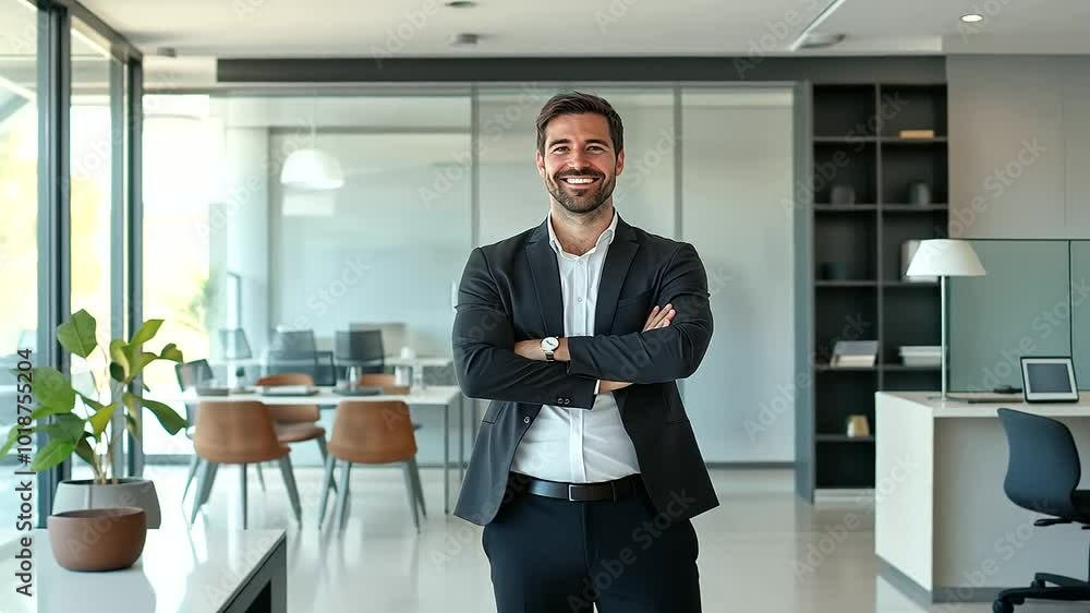 portrait of a smiling young businessman standing in a modern apartment interior, representing success in property investment and real estate agreements. Great for visuals on real estate portrait of a smiling young businessman standing in a modern apartment interior, representing success in property investment and real estate agreements. Great for visuals on real estate