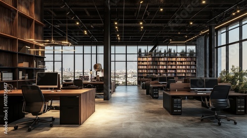 Wallpaper Mural Modern open plan office with large windows, wooden desks, black chairs, and a city view. Torontodigital.ca