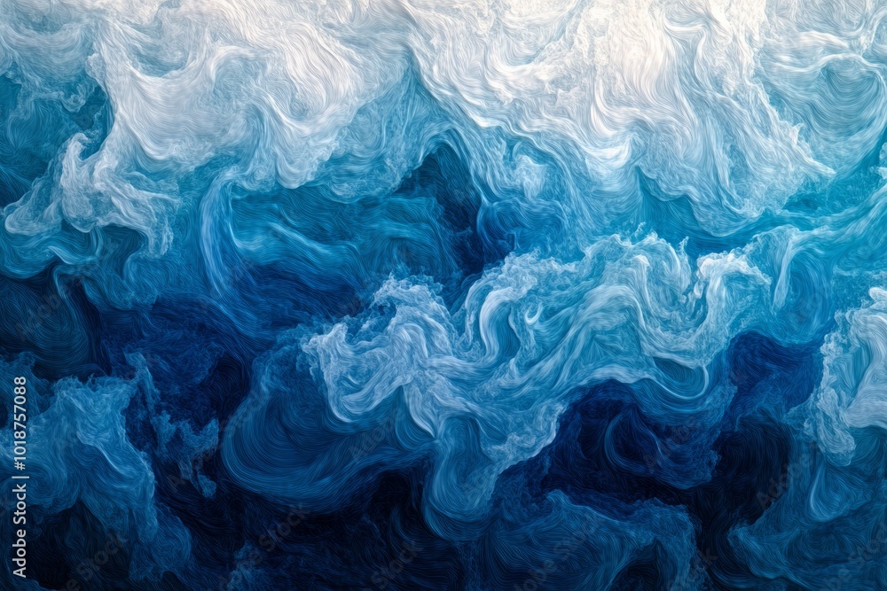 Illustrate a detailed close-up view of the vibrant shades of blue in a vast ocean, highlighting the dynamic movement and textures in a hyper-realistic digital painting. Illustrate a detailed close-up view of the vibrant shades of blue in a vast ocean, highlighting the dynamic movement and textures in a hyper-realistic digital painting.