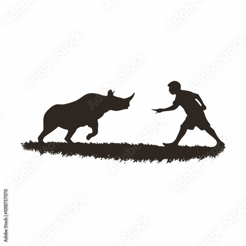 A silhouette of a person herding a rhinoceros in a grassy field 