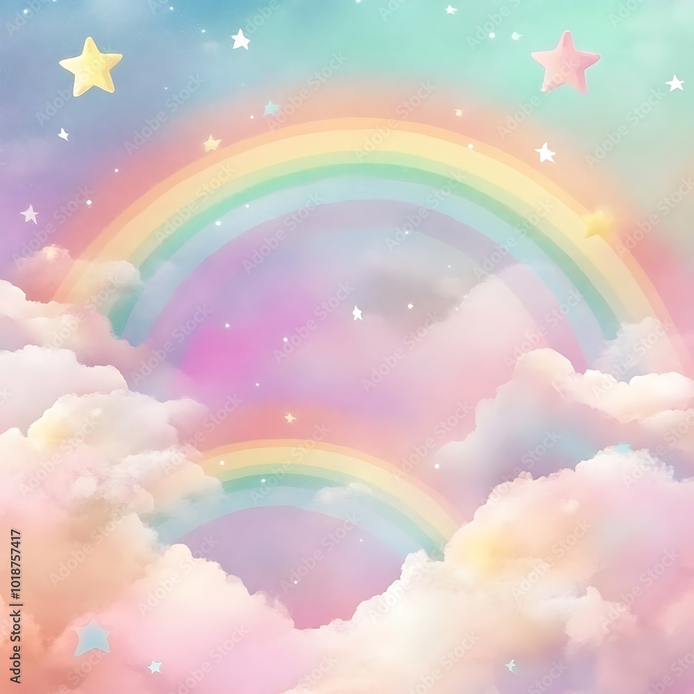 A dreamy pastel landscape featuring rainbows and fluffy clouds, evoking a whimsical and serene atmosphere. A dreamy pastel landscape featuring rainbows and fluffy clouds, evoking a whimsical and serene atmosphere.