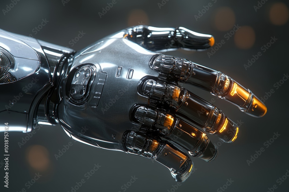 Illustrate a human hand shaking a sleek, metallic robot hand with futuristic details in a digital CG 3D style. Illustrate a human hand shaking a sleek, metallic robot hand with futuristic details in a digital CG 3D style.