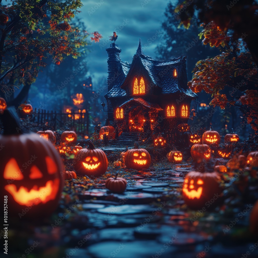 Halloween background with pumpkins and haunted house - 3D render. Halloween background with Evil Pumpkin. Spooky scary dark Night forrest. Holiday event halloween banner background concept Halloween background with pumpkins and haunted house - 3D render. Halloween background with Evil Pumpkin. Spooky scary dark Night forrest. Holiday event halloween banner background concept