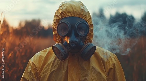 A person wearing a gas mask and yellow hazmat suit stands amidst smoke, highlighting themes of environmental caution and safety in a dramatic setting. photo