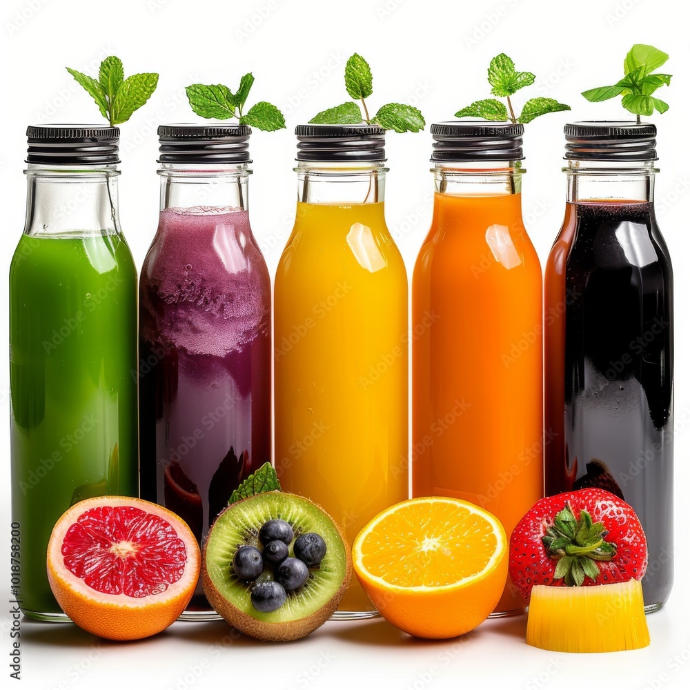 Colorful Bottles of Fresh Fruit Juices and Slices Colorful Bottles of Fresh Fruit Juices and Slices