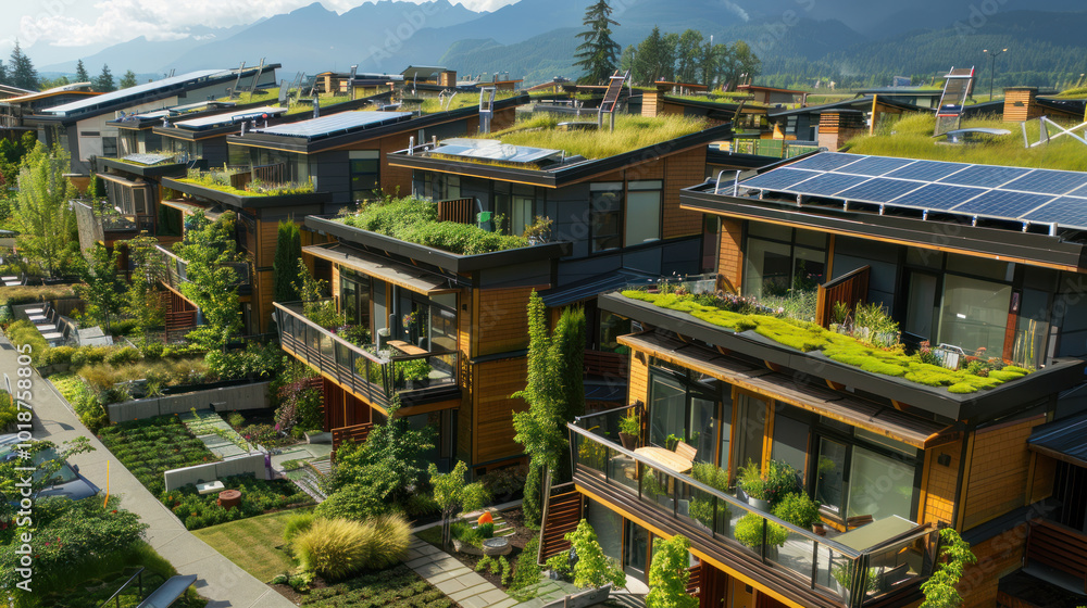 A modern town built with sustainable materials, featuring green roofs, solar panels, and community gardens in an eco-friendly environment A modern town built with sustainable materials, featuring green roofs, solar panels, and community gardens in an eco-friendly environment