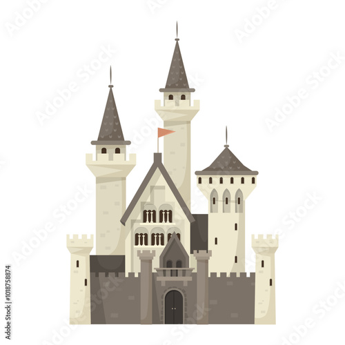 A colorful castle with towers and flags on a white background. Vector illustration