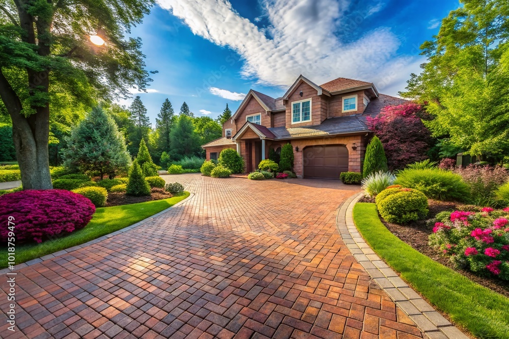 Fototapeta premium Elegant Paver Brick Driveway Leading to a Beautiful Home Surrounded by Lush Green Landscaping