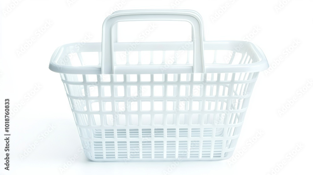 An empty plastic shopping basket with handles, isolated against a white background. The basket is white in color and has a rectangular shape with rounded corners An empty plastic shopping basket with handles, isolated against a white background. The basket is white in color and has a rectangular shape with rounded corners