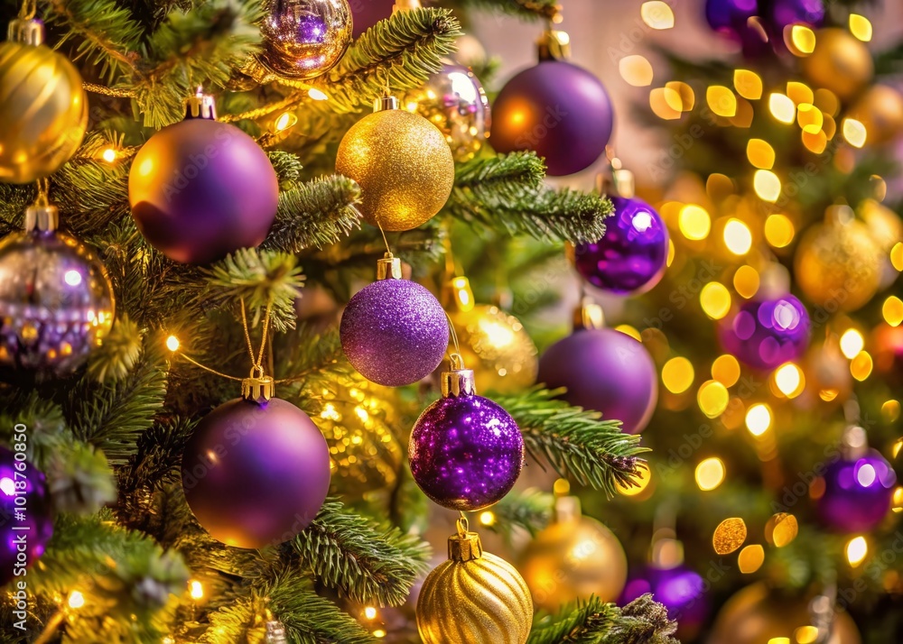 Elegant Purple and Gold Christmas Tree Decorated with Beautiful Ornaments and Twinkling Lights